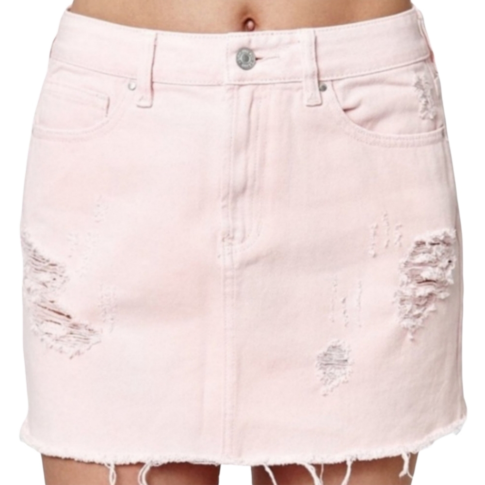 Pink Distressed Jean Skirt